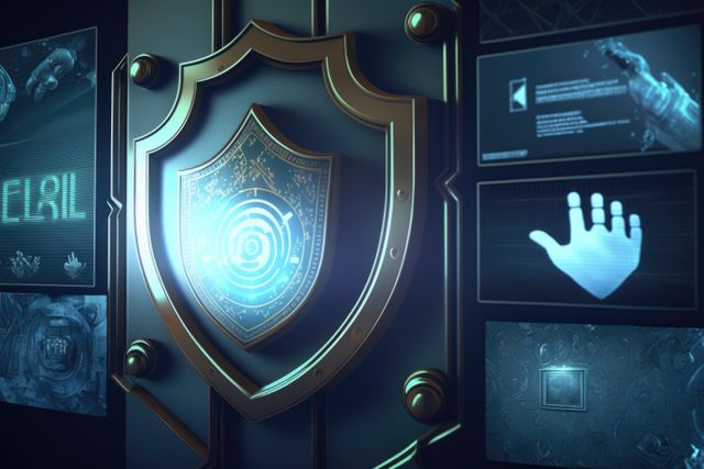 Digital security shield with illuminated biometric interfaces creates high-tech, futuristic vibe. Ideal for technology, cybersecurity solutions, data protection, and sci-fi themes in presentations and advertising.
