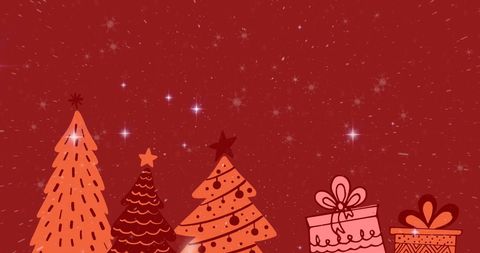 Digital Christmas Trees and Gifts on Festive Red