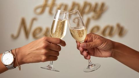 New year champagne toast clinking flutes with bubbly sparkle and silver wristwatch