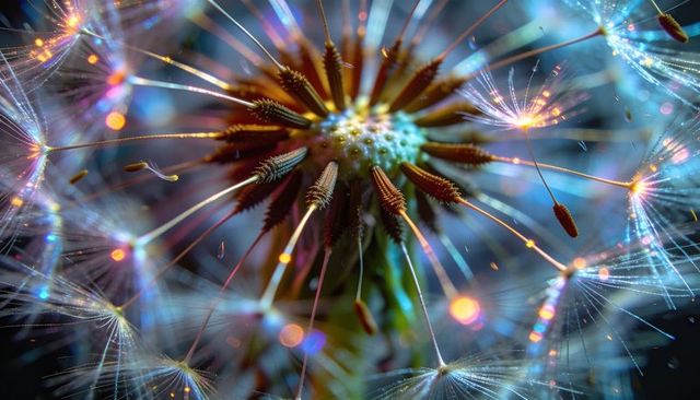 Revealing dandelion seed head with iridescent achenes, detached seeds and bokeh