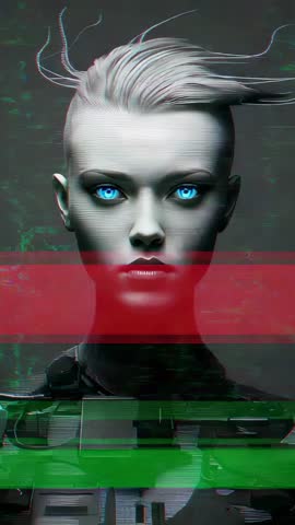 Female Android Glitching in Cyber Lab Vertical Video with Neon Blue Eyes and Scanlines