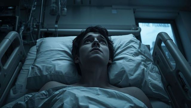 Adolescent male lying in hospital bed staring upward under cool blue clinical lighting