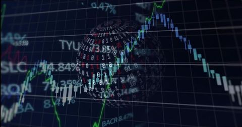 Futuristic binary sphere over trading data visual interface