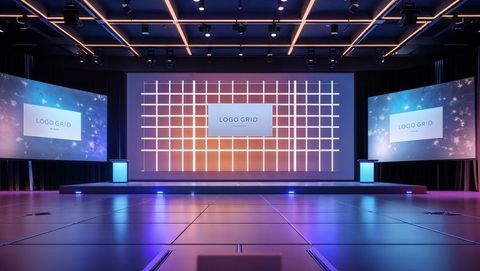 Modern event hall with central led screen and illuminated podiums