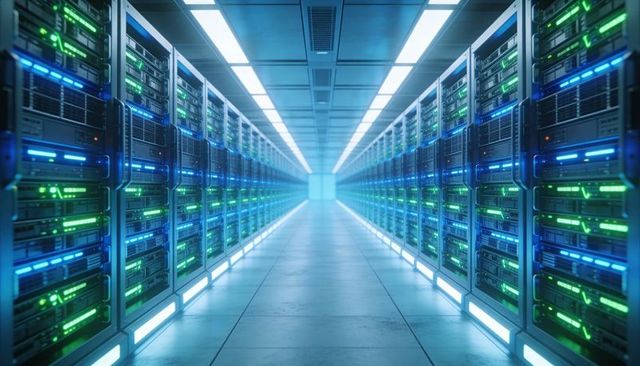 Displaying symmetric data center corridor with high-density server racks and led lighting