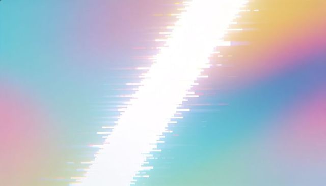 Diagonal luminous glitch on pastel gradient background with neon pixelated light stripe
