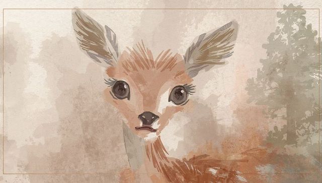Curious fawn facing foreground in pastel watercolor woodland with thin metallic frame