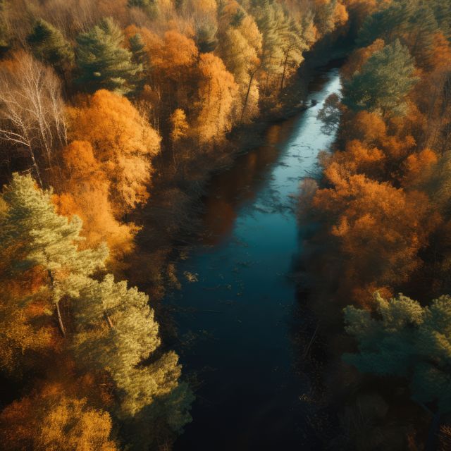 Image shows an aerial view of a river running through a forest during autumn. The trees surrounding the river are in full fall colors, with vibrant orange and green hues. The calm water reflects the natural beauty, creating a tranquil and peaceful atmosphere. Ideal for use in travel brochures, nature calendars, and environmental conservation materials. This image perfectly captures the essence of the fall season and the tranquility of the natural world.