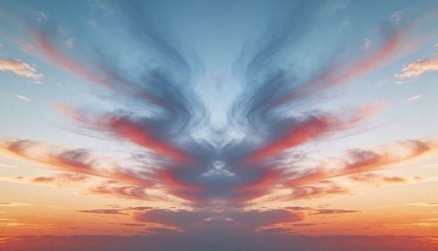 Symmetrical sunrise clouds forming butterfly silhouette over colorful horizon