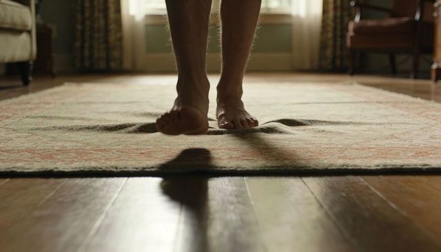 Bare feet pressing patterned rug creating rippled shadow on sunlit hardwood floor