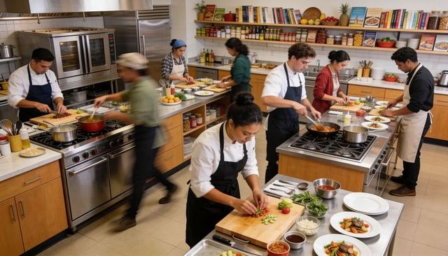Culinary class chopping, cooking and plating professional dishes in busy teaching kitchen