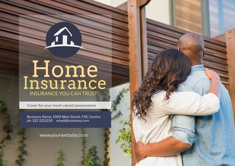 Home insurance promotion with embracing couple outside house