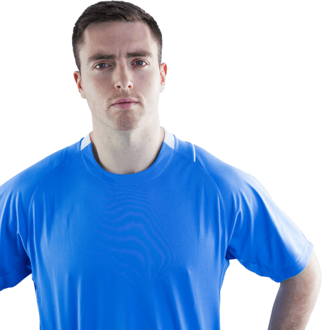 Rugby Player in Blue Jersey Looking Focused on Transparent Background