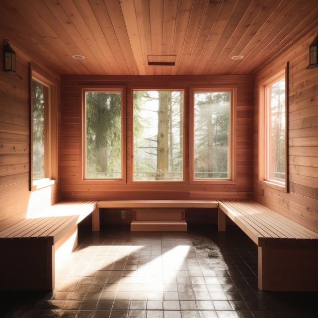 Modern sauna room featuring wooden paneling, large windows offering serene forest views. Soft natural light flooding the space, creating a peaceful ambiance. Ideal for promoting relaxation and wellness themes, spa retreats, eco-friendly living, or architectural design. Perfect for use in blogs, wellness websites, promotional materials for spas, or magazines featuring home design and renovations.