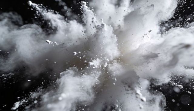 High-speed white powder explosion capturing suspended dust particles and dynamic plume