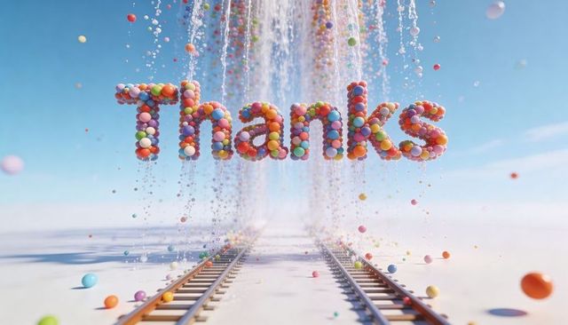 Floating thanks sculpture of colorful beads cascading over railway tracks in pastel sky