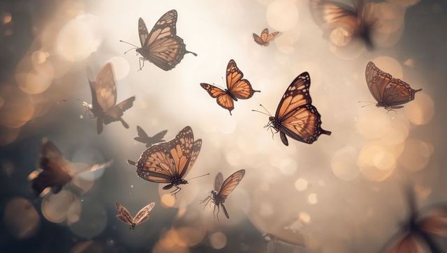 Sunlit monarch-like butterflies drifting through golden bokeh and dust motes