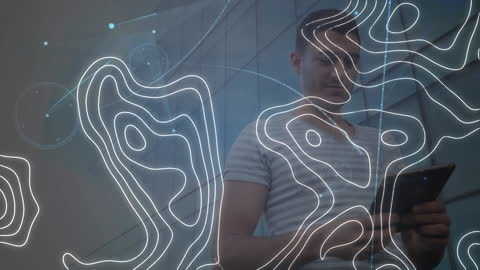 Man Using Tablet Surrounded by Digital Technology Elements