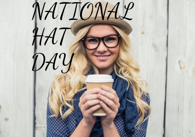 National hat day text over portrait of smiling caucasian young woman holding disposable coffee cup. national hat day, illustration, drink, communication and lifestyle concept.