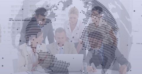 Focused Business Team Collaborating with Digital World Overlay