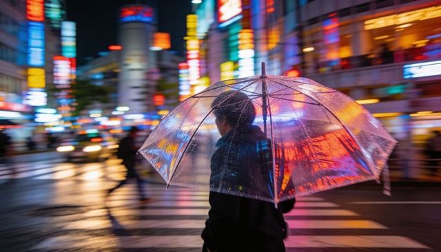 Man walking under neon-lit clear umbrella on rainy urban crosswalk at night