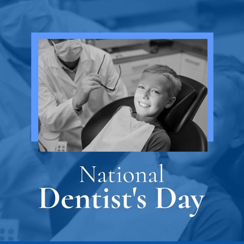 National dentist's day poster featuring happy child at dental clinic