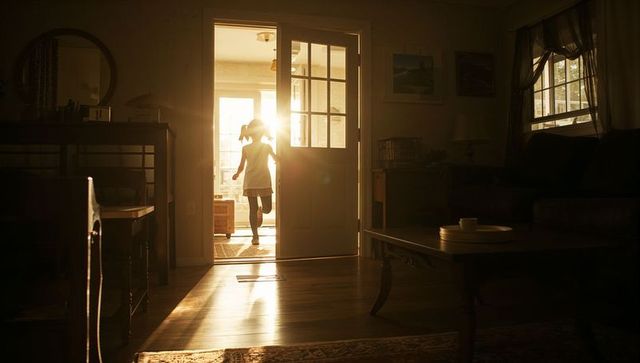 Young girl running through sunlit doorway into cozy living room with warm backlight
