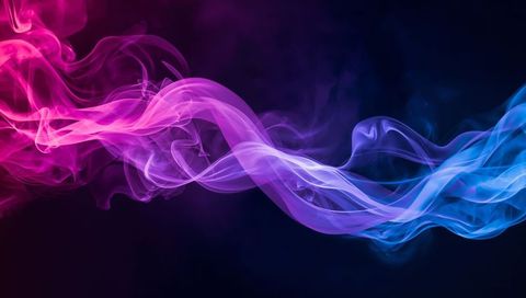 Abstract Magenta to Cyan Smoke Ribbon Curling Across Dark Gradient Background with Neon Glow