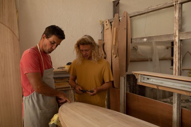 Two Caucasian male surfboard makers working together in their studio, talking and inspecting the surface of a wooden surfboard together, one holding a smartphone.
