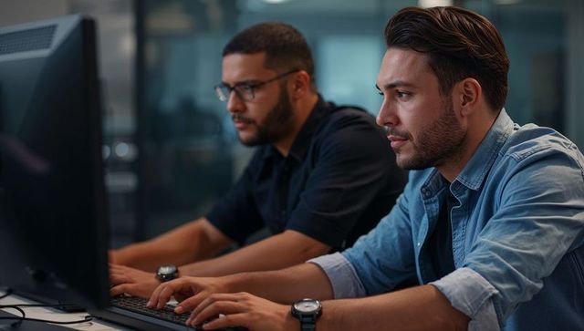 Two Men Collaborating at Desktops Typing Code and Analyzing Data in Modern Tech Office