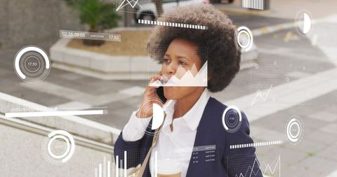 Businesswoman Talking on Phone, Sipping Coffee at Crosswalk with Digital HUD and Charts