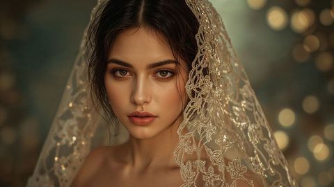Elegant beautiful lady bride in ivory lace veil with golden bokeh background