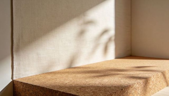 Cork bench nook bathed in soft sunlight with linen backdrop and leaf shadows