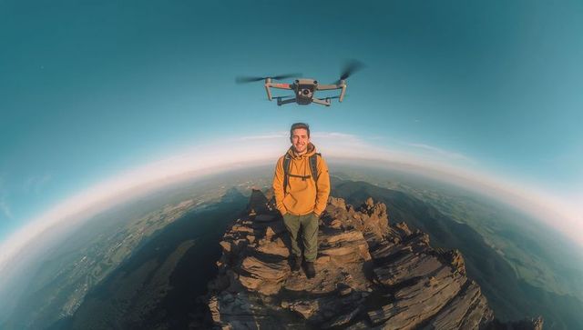 Standing hiker piloting drone above rocky summit with panoramic wide-angle alpine vista