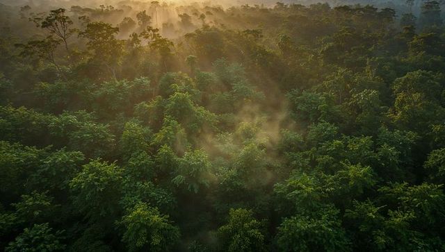 Filtering golden morning rays through misty tropical rainforest canopy aerial drone view