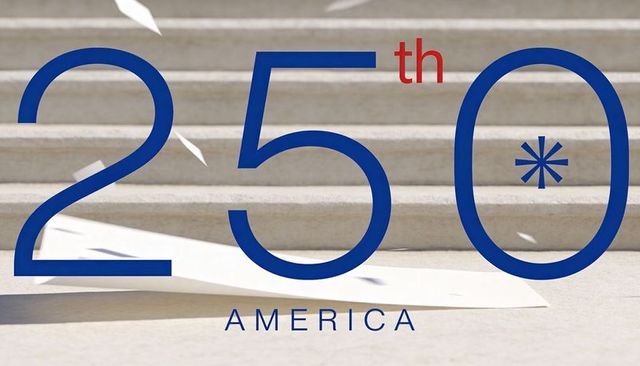 Celebrating 250th america anniversary with bold blue numerals over concrete steps