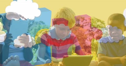 Children Using Tablets as Learning Tools, Puzzle Overlay Highlights Education - Download Free Stock Images Pikwizard.com