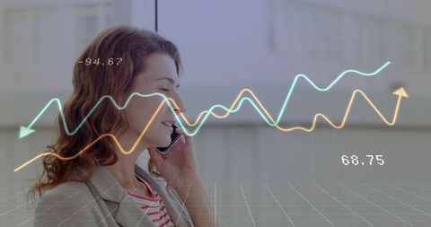 Businesswoman speaking on phone with financial data overlays and rising analytics charts