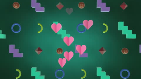 Abstract Hearts and Geometric Shapes on Green Background