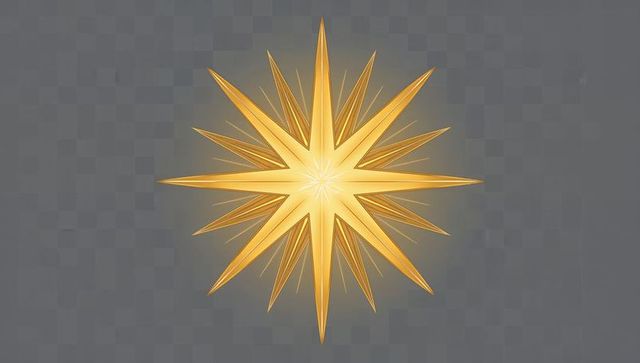Glowing multi-pointed golden star ornament hovering on gray checkered background with halo glow