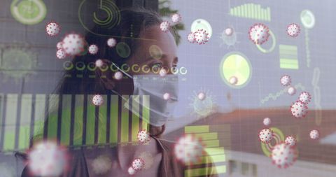 Woman wearing face mask amid digital pandemic data visualization