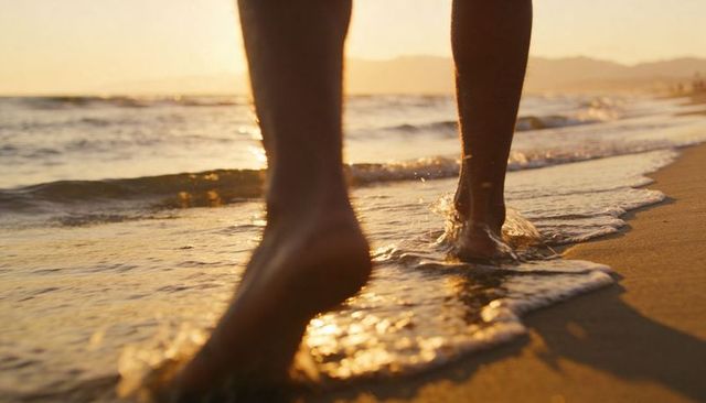 Golden-hour barefoot walking on shoreline with seafoam and sunset reflections