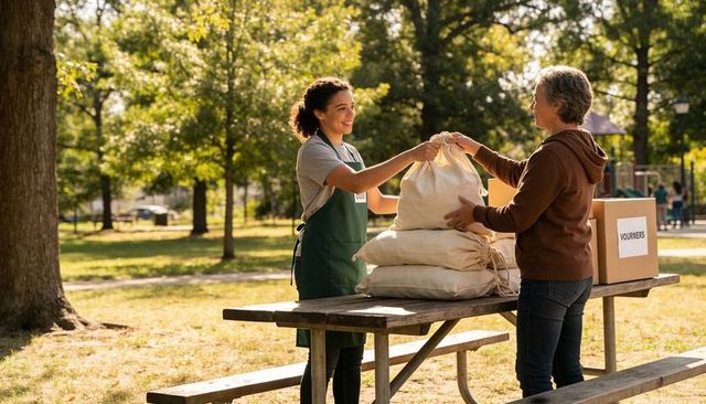 Volunteer handing donation bag to senior at community park outdoor food distribution