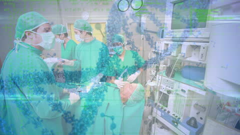 Medical Team in Surgery with Digital DNA Overlay