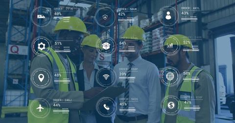 Warehouse team analyzing order metrics with technical overlays