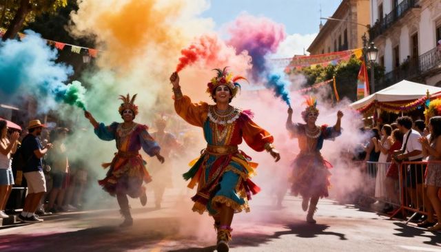 Running carnival performers waving colored smoke flares through vibrant city parade