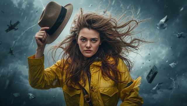 Dynamic woman in yellow raincoat braving intense storm