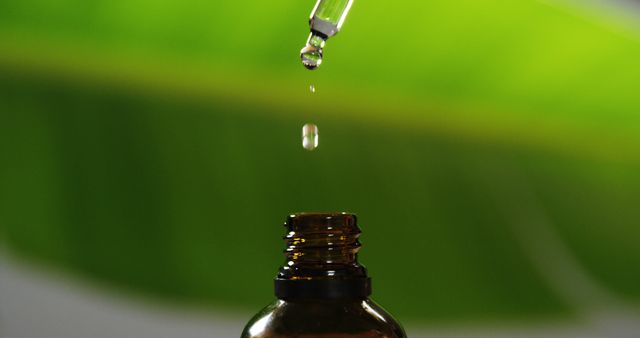 A dropper dispenses a liquid into a small amber bottle against a backdrop of green leaves, with copy space. Capturing the essence of precision in natural wellness or alternative medicine, the image emphasizes the careful administration of therapeutic substances.
