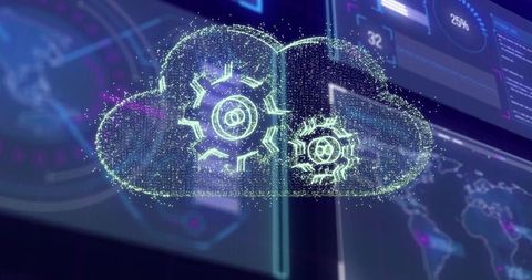 Futuristic Neon Cloud Computing Interface with Digital Gears
