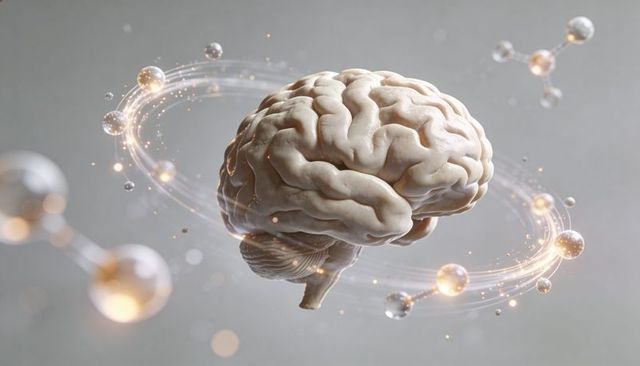 Floating human brain with glowing neural orbitals, molecular structures and cortex detail